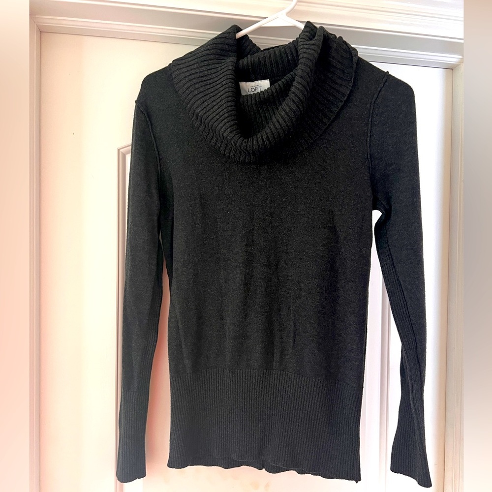 Charcoal, gray Loft Cowell neck with slight cinching at the bottom